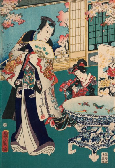 Vårutflykt i en villa Diptyk: Man in interiör av Toyohara Kunichika