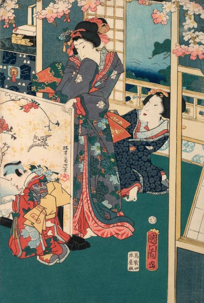 Vårutflykt i en villa Diptyk: Kvinnor i interiören av Toyohara Kunichika