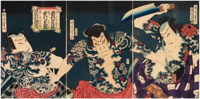 Kabukiskådespelarna (från höger till vänster) Ichimura Kakitsu IV som Asahina Tobei, Nakamura Shikan IV som Washi no Chokichi och Sawamura Tosshi II som Yume no Ichirobei, IV/1868 av Toyohara Kunichika