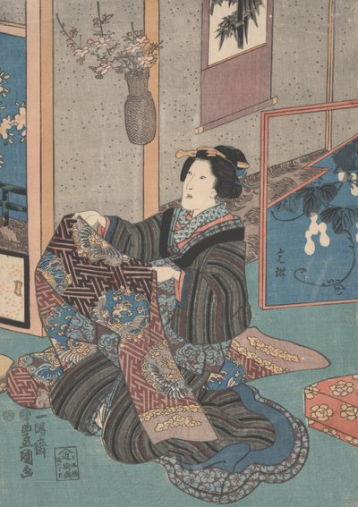 Lady som håller en Obi av Utagawa Toyokuni