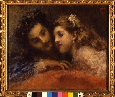 Attrazione (attraktion), en man lutar sig mot ett barn på ett medbrottsligt och lugnande sätt. Han är förmodligen en far och hans dotter (mun till mun). Målning av Tranquillo Cremona (1837-1878) Galleria d