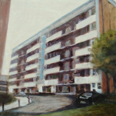 En plats att bo på 43, 2012 (olja på plywood) av Trevor Burgess