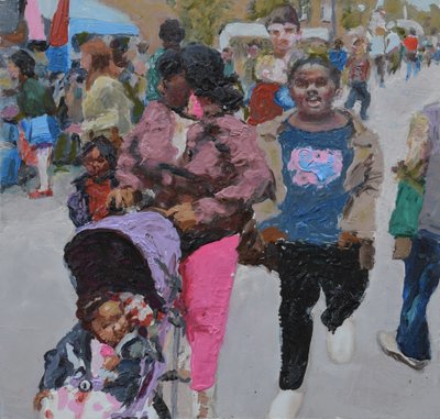 Familjeshopping (Deptford, London), 2018 (olja på pannå) av Trevor Burgess