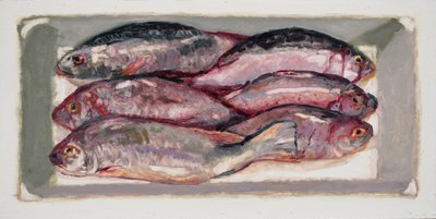 Fisklåda 1 (Billingsgate, London), 2016 (olja på pannå) av Trevor Burgess