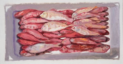 Fisklåda 4 (Billingsgate, London), 2016 (olja på pannå) av Trevor Burgess