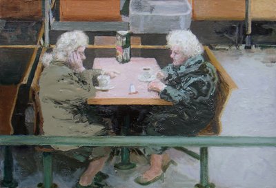 Over a cuppa, 2010 (olja på pannå) av Trevor Burgess