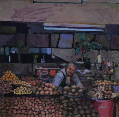 Potatisstånd (Quito, Ecuador), 2015 (olja på pannå) av Trevor Burgess
