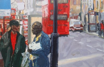Samtal på gatan, 2008 (olja på pannå) av Trevor Burgess