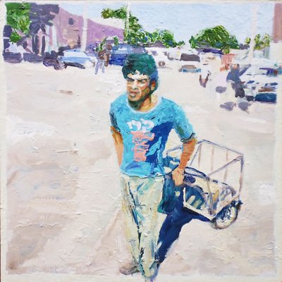 Trolley man (San Juan, Argentina), 2014 (olja på pannå) av Trevor Burgess