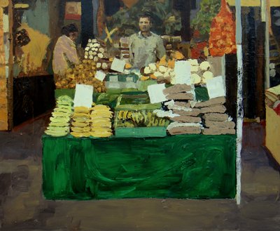 Grönsaksstånd (Deptford, London), 2009 (olja på pannå) av Trevor Burgess