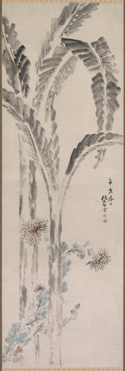 Bananväxt och krysantemum, 1800-talet. av Tsubaki Chinzan