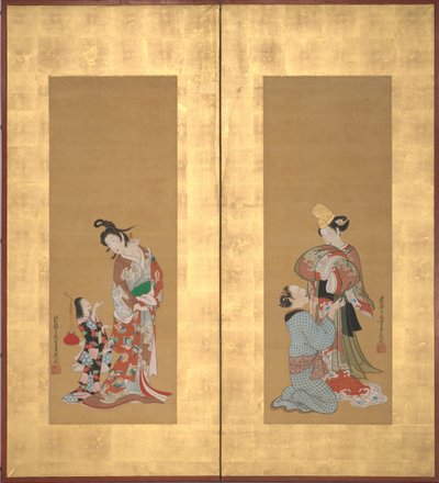 Shirabyoshi dansare och kvinnlig tjänare, kurtisan och flicka, mitten av 1700-talet. av Tsukioka Masanobu
