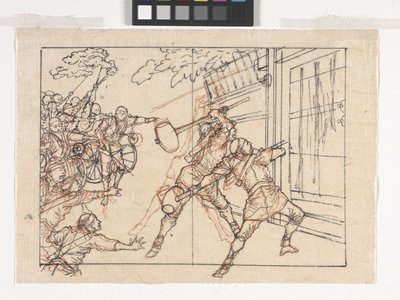 Ritning av soldater som slår en grind (bläck på papper) av Tsukioka Yoshitoshi