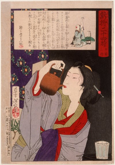 Geisha som dricker ur en sakekittel klockan 2:00 på morgonen av Tsukioka Yoshitoshi