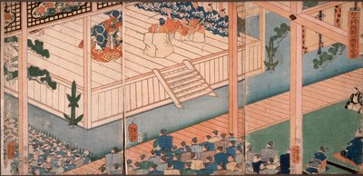 Högergeneralen, lord Yoritomo, inspekterar en särskild nō-föreställning av Tsukioka Yoshitoshi