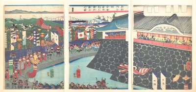 Hideyoshi och hans trupper lämnar lägret i Nagoya (Mashiba Hideyoshi kō nagoya jin saki te no shoshō kuridashi no zu) av Tsukioka Yoshitoshi