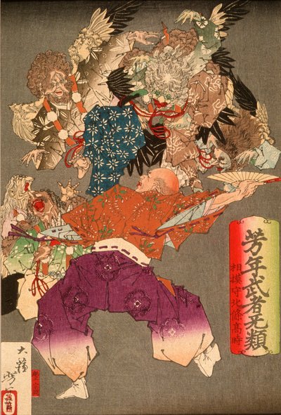 Hōjō Takatoki, herre av Sagami, som värjer sig mot tengu med sin solfjäder av Tsukioka Yoshitoshi