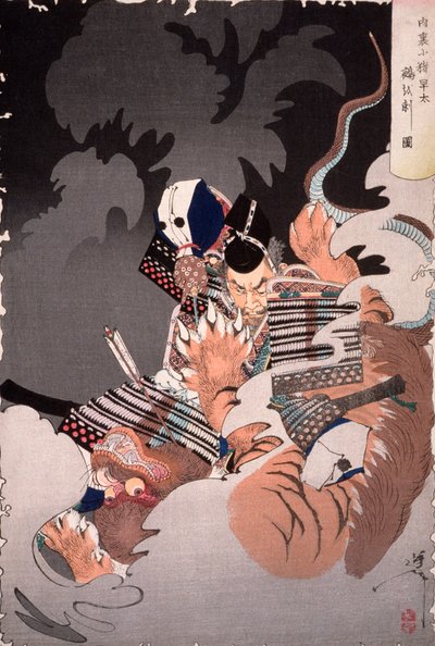 I no Hayata dödar Nue i Kejsarpalatset av Tsukioka Yoshitoshi