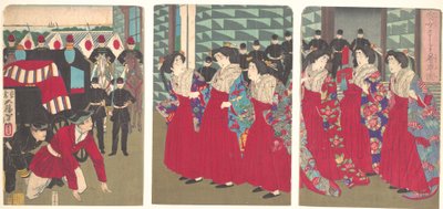 Illustration av hovdamer som stiger på vid en station (Kanjo sutēshon chakusha zu) av Tsukioka Yoshitoshi
