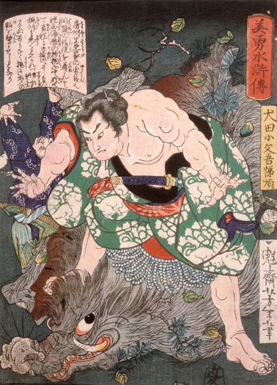 Inuta Kobungo Yasuyori dödar ett vildsvin av Tsukioka Yoshitoshi
