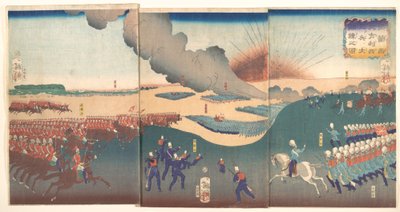 Manövrer med tre kategorier av franska och engelska soldater (Furansu Igirisu sanhei ōchōren no zu) av Tsukioka Yoshitoshi