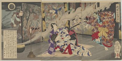 Nise Murasaki Inaka Genji (Genji på landet i imitation av Murasakis roman): scen med ett förfallet tempel ur kapitel fem av Tsukioka Yoshitoshi