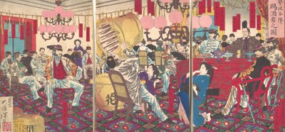 Polischefens parti: En gåva av mat och dryck, september 1877. av Tsukioka Yoshitoshi