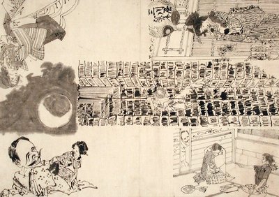 Förberedande teckning till illustrationer av melodramer och parodier av Tsukioka Yoshitoshi