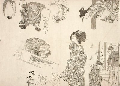 Förberedande teckningar till illustrationer av melodramer av Tsukioka Yoshitoshi