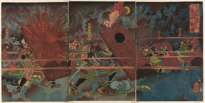 Slaget vid Jinju under Masakiyos erövring av Korea (Masakiyo Sankan taiji, Shinshujo kassen no zu) av Tsukioka Yoshitoshi