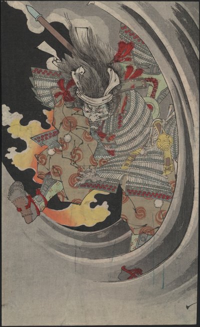Generalen Taira no Tomomoris spöke som kraschar genom vågorna vid Nunobiki Waterfall, 1889. av Tsukioka Yoshitoshi