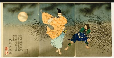 Triptyk av "Fujiwara No Yasumasa Playing the Flute by Moonlight", 1883 av Tsukioka Yoshitoshi