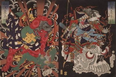 Warrior on Skull och Kintoki som övermannar en demon, från serien Valor i Kina och Japan av Tsukioka Yoshitoshi