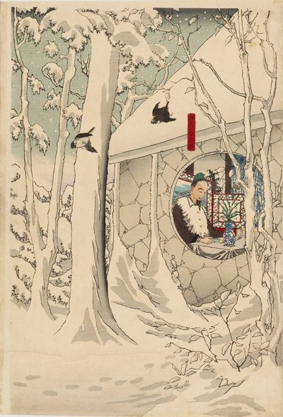 Triptyk med träklossar - Gentoku besöker komei på sin reträtt, i en snöstorm, sent 1800-tal av Tsukioka Yoshitoshi