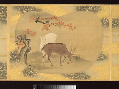 Album med solfjäderformade målningar av figurer, fåglar och blommor av Tsunenobu Kano