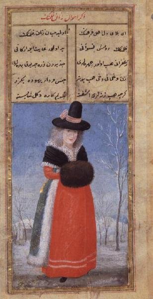 En holländsk kvinna i vinterdräkt av Fazil Husayn Andaruni, Or 7094 f.44, sent 1700-tal av Turkish School