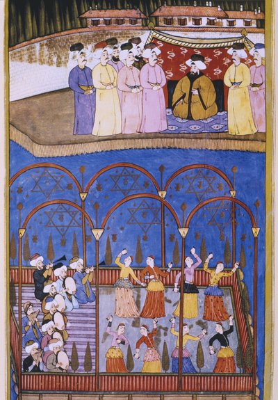 Dansare och musiker inför sultanen och hans hov, från Sur-Nama av Turkish School