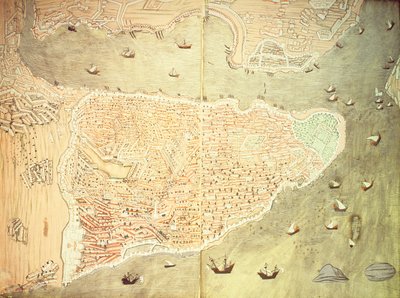 H 1523 fol.158v-159r Utsikt över Istanbul och Bosporensundet, från 