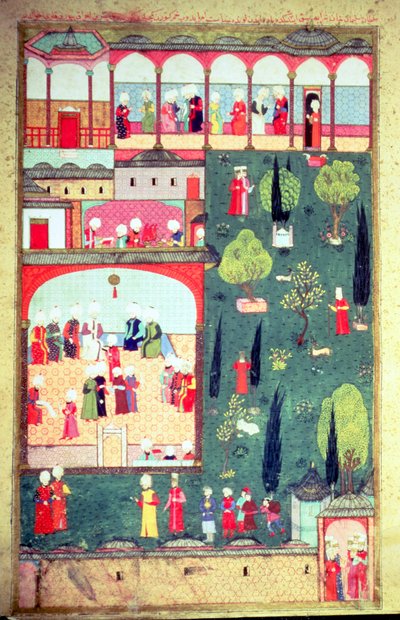 H 1524 f.242r Ministerrådet i Topkapipalatset, från Lokmans "Hunername", 1588 av Turkish School