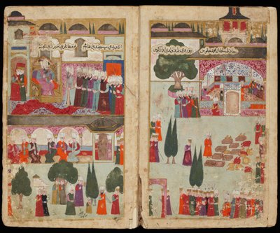 Le couronnement du sultan ottoman Mehmet III (1566-1603) au palais Topkapi, sv 1595 - Mehmed III:s kröning i Topkapipalatset 1595 (Från Manuskript Mehmed III:s fälttåg i Ungern) - Turkisk mästare - ca. 1600 - Akvarell och tusch på papper - The av Turkish School