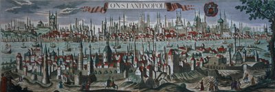 Panoramautsikt över Konstantinopel, sent 1700-tal av Turkish School