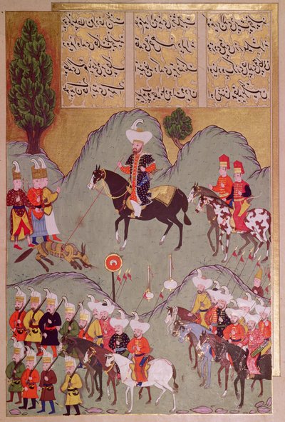 Sultan Murad I (ca 1326-1389) jagar en varg, ur "Hunernama" (Mss Hazine. 1524 f.83v) av Turkish School