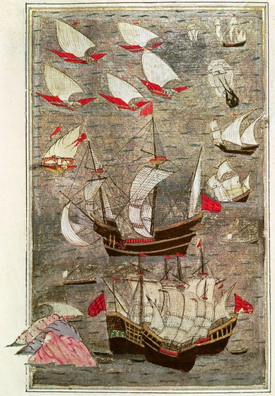 Den ottomanska flottan av Tarik-y Bayezid (bläck och bladguld på veläng) av Turkish School