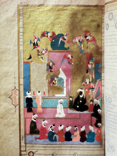 Profeten Muhammed (Mohammed eller Muhammad) (570-632) (ansikte täckt) under Mirac, hans uppstigning till den sjunde himlen Miniatyr från manuskriptet "Zubdat al-Tawarikh" (eller Zubdat al Tawarikh) av historikern Seyyid Loqman Ashuri under rem av Murad III av Turkish School