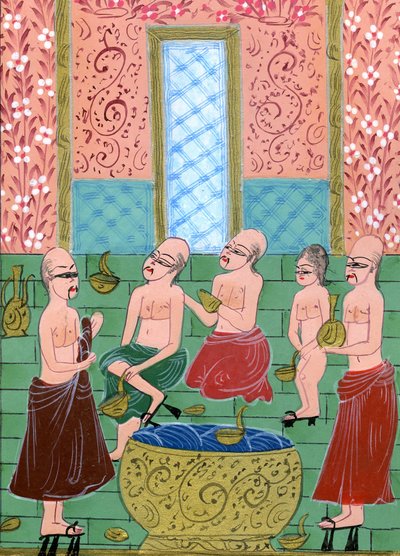 Se inuti en Hamam för män (akvarell och guldpulver på papper) av Turkish School