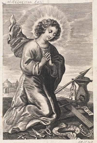 Jesusbarnet på knä framför passionsinstrumenten av Ubekendt