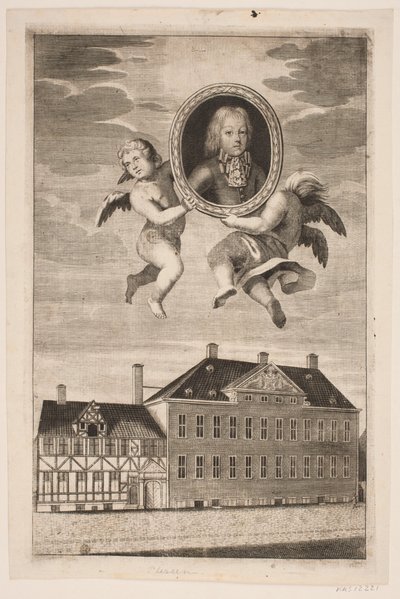 Medaljong med porträtt av en pojke från familjen Plessen. f.n. ett korsvirkeshus och en herrgård av Ubekendt