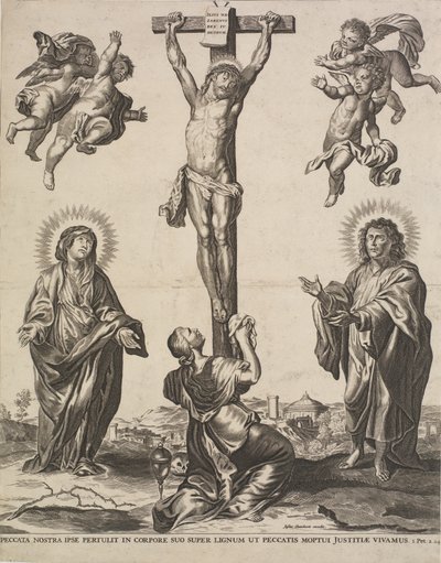 Kristus på korset, med Jungfrun, Maria Magdalena och Johannes och fyra änglar av Ubekendt KKSgb5444
