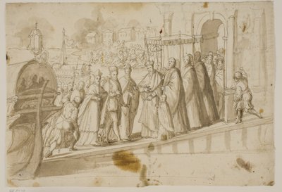 Kung Henrik III, Doge Alvise Mocenigo och kardinal San Sisto togs emot av den venetianske patriarken Giovanni Trevisan vid Lido i Venedig av Ubekendt Ubekendt