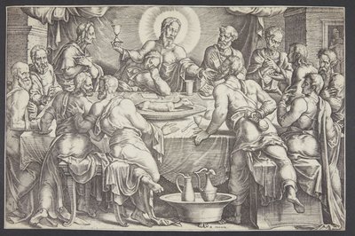 Kristus förutsade Judas Iskariots förräderi vid den sista måltiden av Ubekendt efter Maarten van Heemskerck